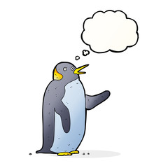 cartoon penguin waving with thought bubble