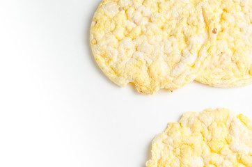 corn cake, puffed corn on table, breakfast background.
