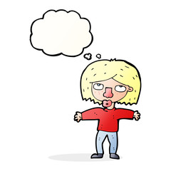 cartoon girl looking upwards with thought bubble