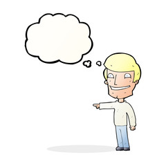 cartoon happy man pointing with thought bubble