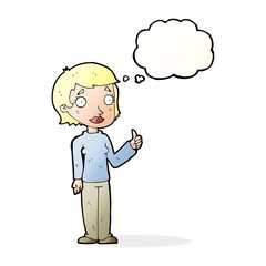 cartoon woman giving thumbs up symbol with thought bubble