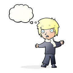 cartoon unhappy boy with thought bubble