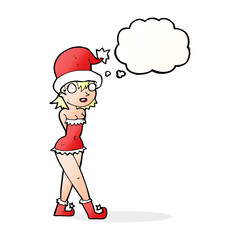 cartoon woman in christmas elf costume with thought bubble