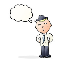 cartoon man wearing hat with thought bubble