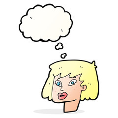 cartoon pretty female face with thought bubble