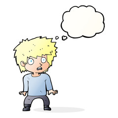 cartoon frightened boy with thought bubble