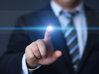 businessman pressing button on virtual screens