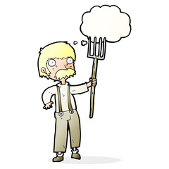 cartoon farmer with pitchfork with thought bubble