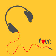 Headphones with red cord. Love card. Black text. Flat design icon. Yellow background