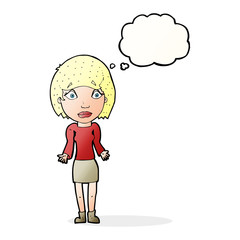 cartoon woman shrugging shoulders with thought bubble