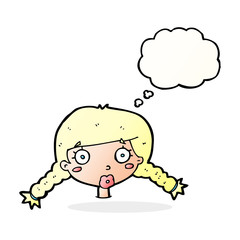 cartoon confused female face with thought bubble