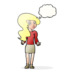 cartoon woman shrugging shoulders with thought bubble