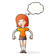 cartoon woman looking sideways with thought bubble