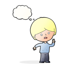 cartoon unhappy boy giving peace sign with thought bubble
