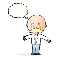 cartoon bald man with open arms with thought bubble