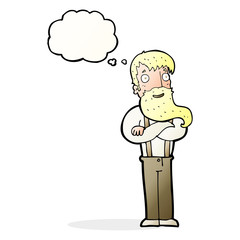 cartoon bearded hipster man with thought bubble