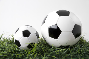 Picture shows two footballs on a green field. Tabletop with white background