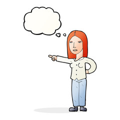 cartoon woman pointing with thought bubble