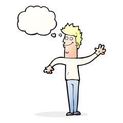 cartoon happy waving man with thought bubble