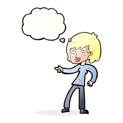 cartoon woman pointing with thought bubble