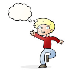 Fototapeta premium cartoon excited boy dancing with thought bubble