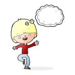 cartoon happy boy dancing with thought bubble