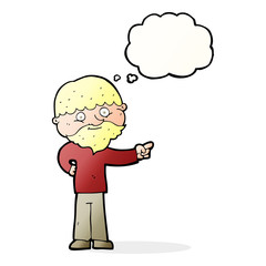 cartoon bearded man pointing with thought bubble