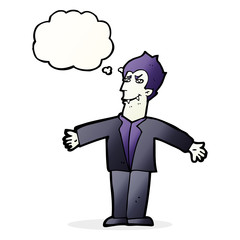 cartoon vampire man with open arms with thought bubble