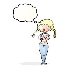 cartoon offended woman covering herself with thought bubble