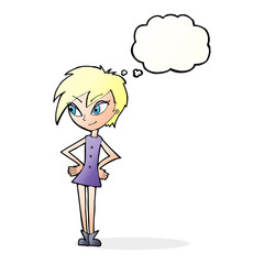 cartoon girl with hands on hips with thought bubble