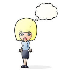 cartoon woman shrugging shoulders with thought bubble
