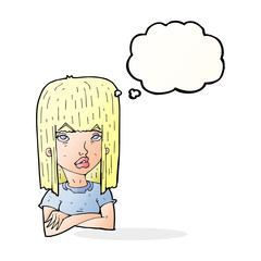 cartoon girl with folded arms with thought bubble