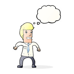 cartoon nervous businessman with thought bubble