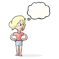 cartoon woman with hands on hips with thought bubble