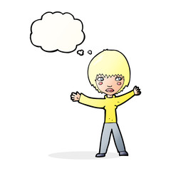 cartoon waving woman with thought bubble