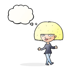 cartoon smug looking woman with thought bubble