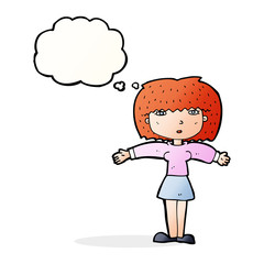 cartoon woman shrugging shoulders with thought bubble