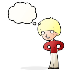 cartoon happy boy with hands on hips with thought bubble