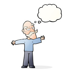 cartoon old man spreading arms wide with thought bubble