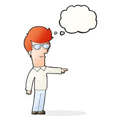 cartoon man in glasses pointing with thought bubble