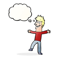 cartoon happy man with thought bubble