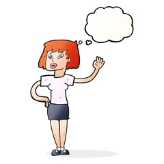 cartoon woman waving with thought bubble