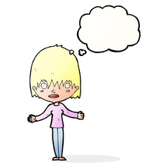 cartoon woman shrugging shoulders with thought bubble