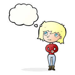 cartoon friendly woman with thought bubble