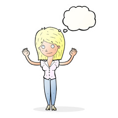 cartoon woman holding up hands with thought bubble