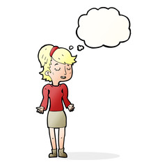 cartoon woman shrugging shoulders with thought bubble