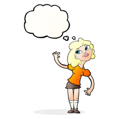 cartoon woman waving with thought bubble