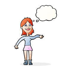 cartoon woman making hand gesture with thought bubble