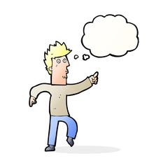 cartoon worried man pointing with thought bubble