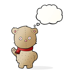 cartoon teddy bear wearing scarf with thought bubble